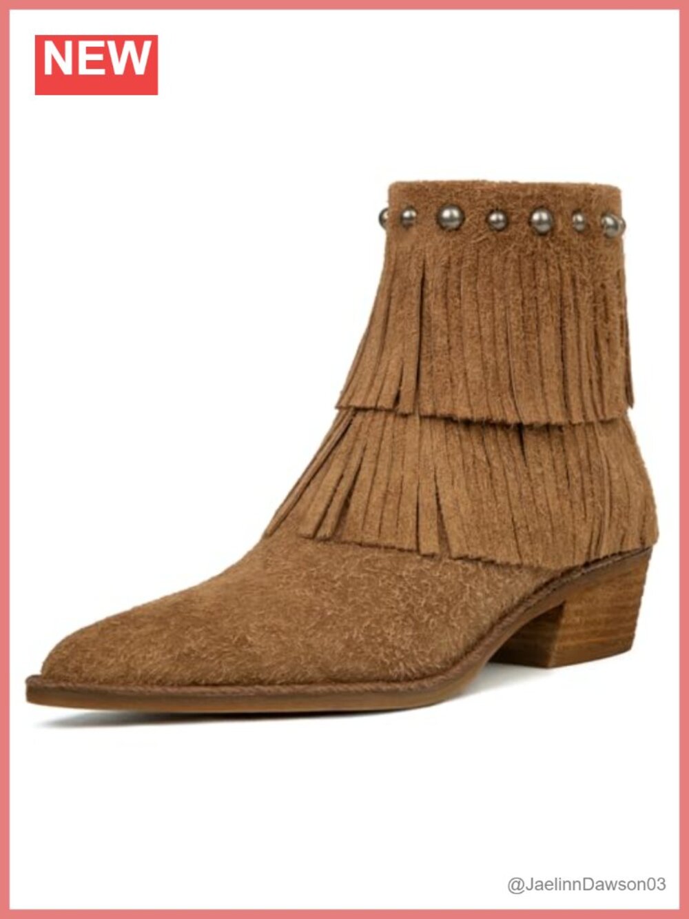Genuine Suede Ankle Boots Pointed Toe Fringe Studded Western Booties